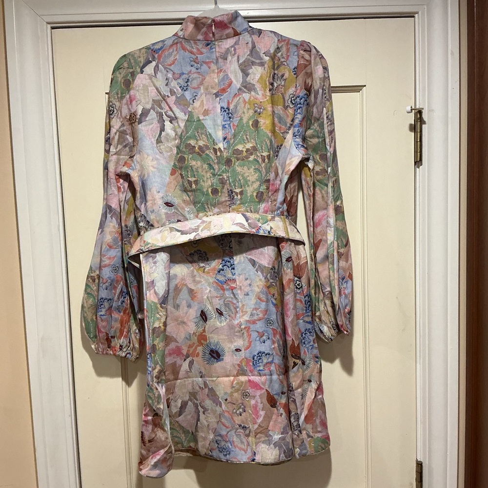 NWOT Zimmermann Belted Floral Print Linen Mini Dress Pastel Sz 3 - Picture 8 of 16